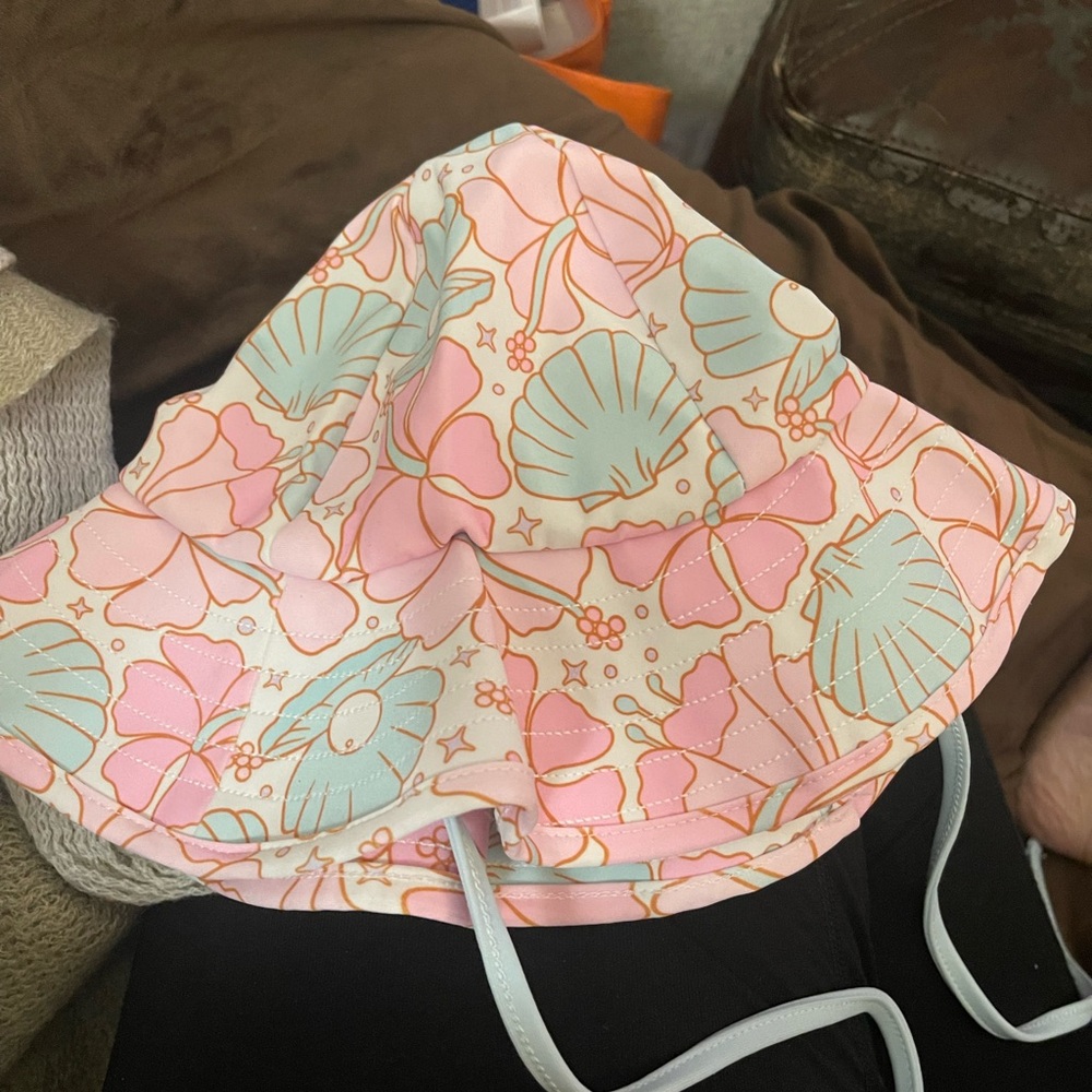 Caden Lane Floral Kids bathing suit and hat- Pink and Blue